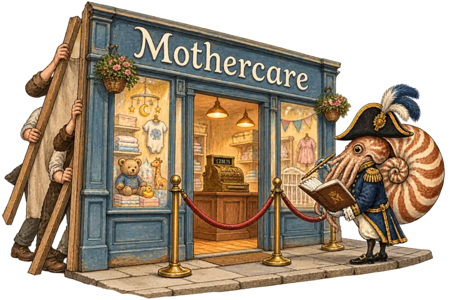A Mothercare shopfront revealed as a flat stage prop held up by anonymous arms, with a nautilus in an admiral's coat outside on the pavement holding a ledger, the till visible but roped off