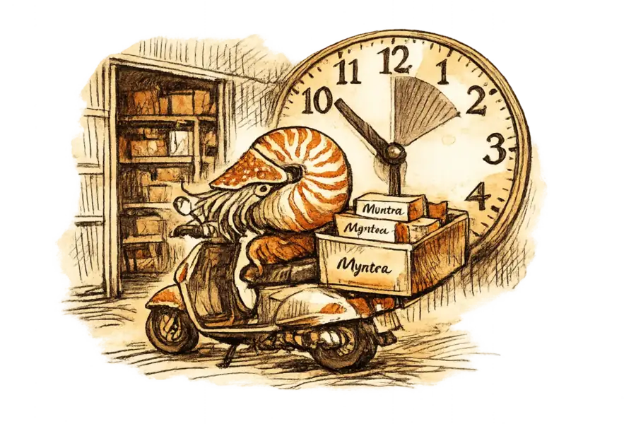 A nautilus shell perched on a delivery scooter outside a dark store warehouse, Myntra-branded clothing parcels in the delivery box, a 30-minute clock face in the background