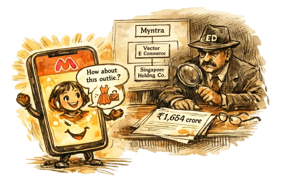 A bright Myntra app with an AI chat assistant in front; behind it an Enforcement Directorate officer examines an org chart linking Myntra, Vector E-Commerce and a Singapore parent, beside a ₹1,654 crore notice.