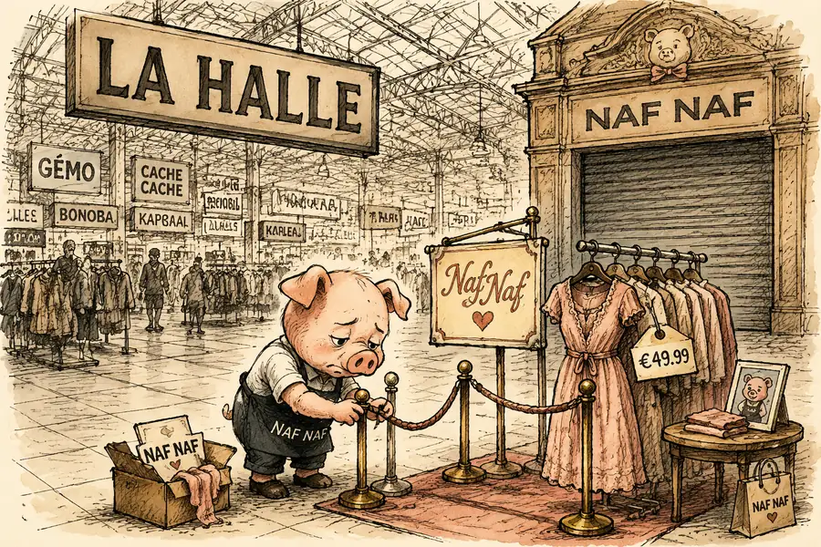 The Naf Naf cartoon pig arranging a small clothing corner inside a vast La Halle store, holding a €49.99 price tag.