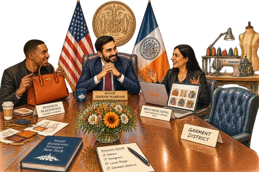 Caricature of a New York City Hall conference table where a handbag designer and a marketplace chief executive sit with the mayor, beside one empty chair marked Garment District.