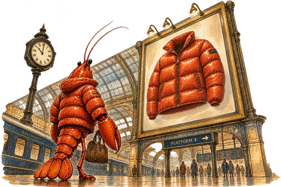 A lobster in a glossy quilted puffer jacket looks up at an oversized framed photograph inside a vaulted train station hall.