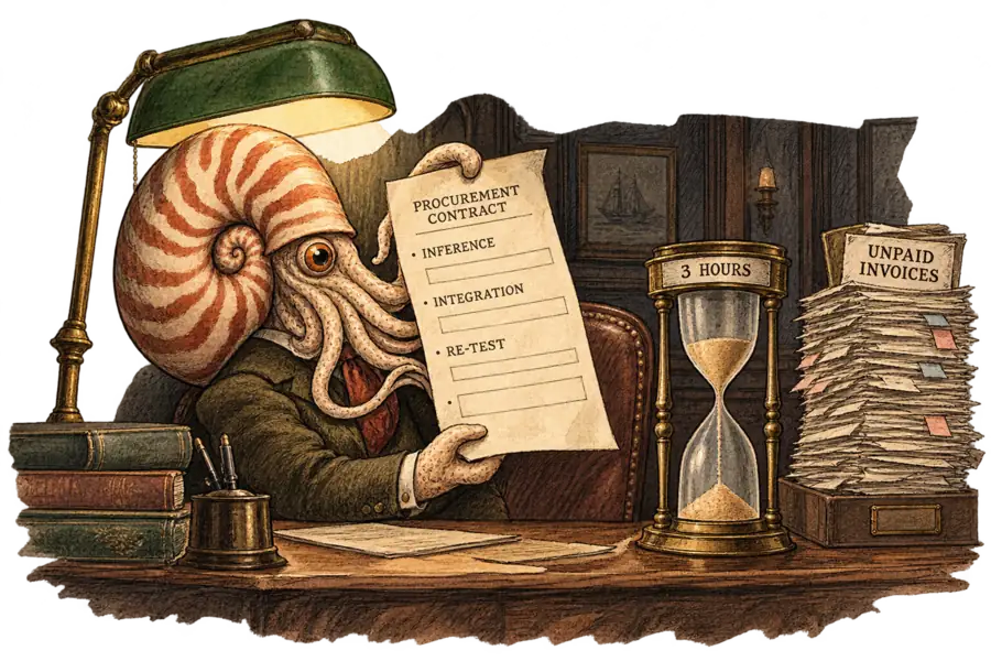 A nautilus examines an agent contract whose RE-TEST line has been left blank, while a three-hour sandglass drains beside it.