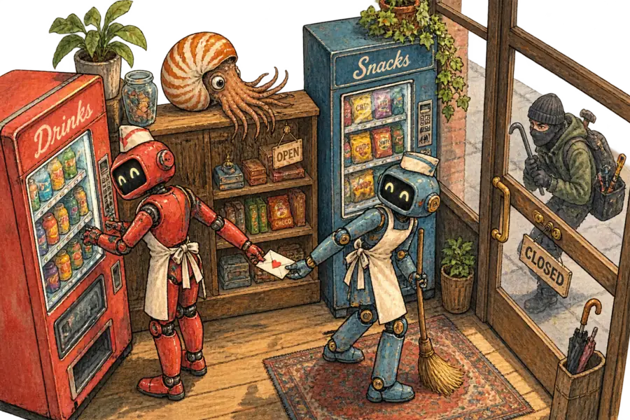 Two robot vending-machine operators quietly pass a folded note behind their backs while a masked burglar waits ignored at the locked shop door outside.