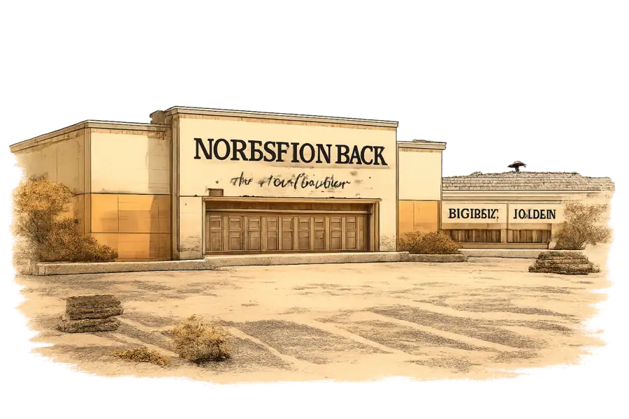 A hand-lettered Nordstrom Rack sign on a low outparcel box at the edge of a strip-mall parking lot, with a banner reading Summer 2027 and an enclosed mall shrinking in the distance.