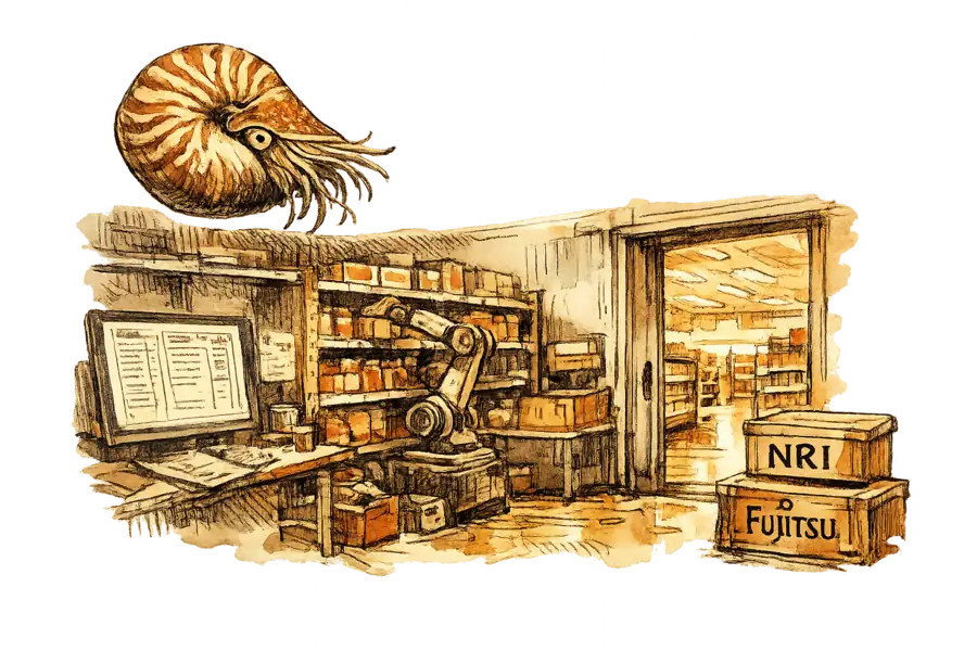 A nautilus shell hovering over the back room of a Japanese supermarket at night, where a glowing AI ordering screen fills replenishment sheets while the empty sales floor waits beyond a doorway