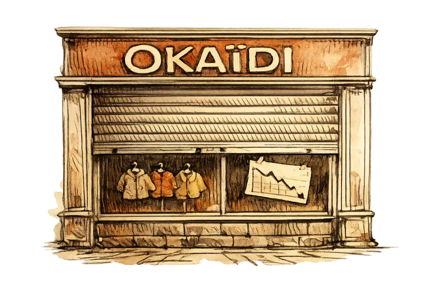 A shuttered Okaïdi children's-clothing shopfront on a French high street, the security grille half down, tiny coats on hangers in the dim window and a downward birth-rate line chart taped to the glass.