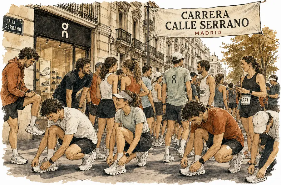 Runners gather outside On's first Spanish store on Madrid's Calle Serrano, the shop a backdrop to the crowd.