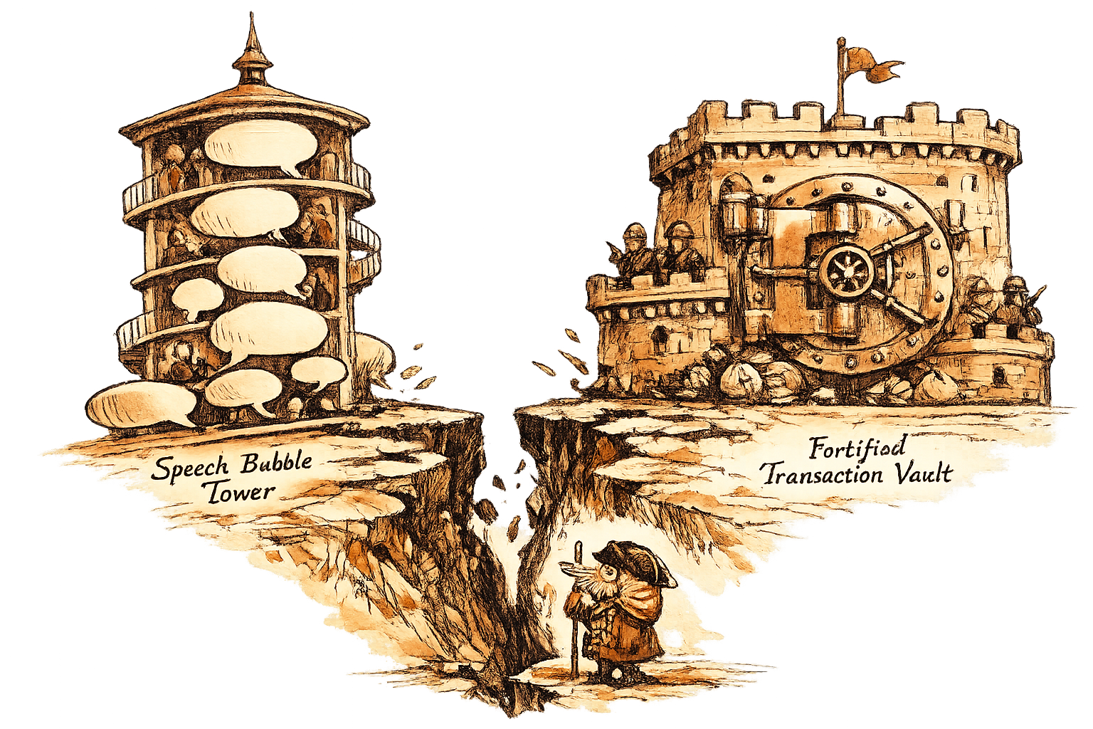 A two-panel architectural cross-section: the left panel shows a tall speech bubble tower, the right shows a fortified vault with a shopping cart emblem on its door, the two structures separated by a widening crack. A small nautilus figure stands at the base of the crack, looking upward.