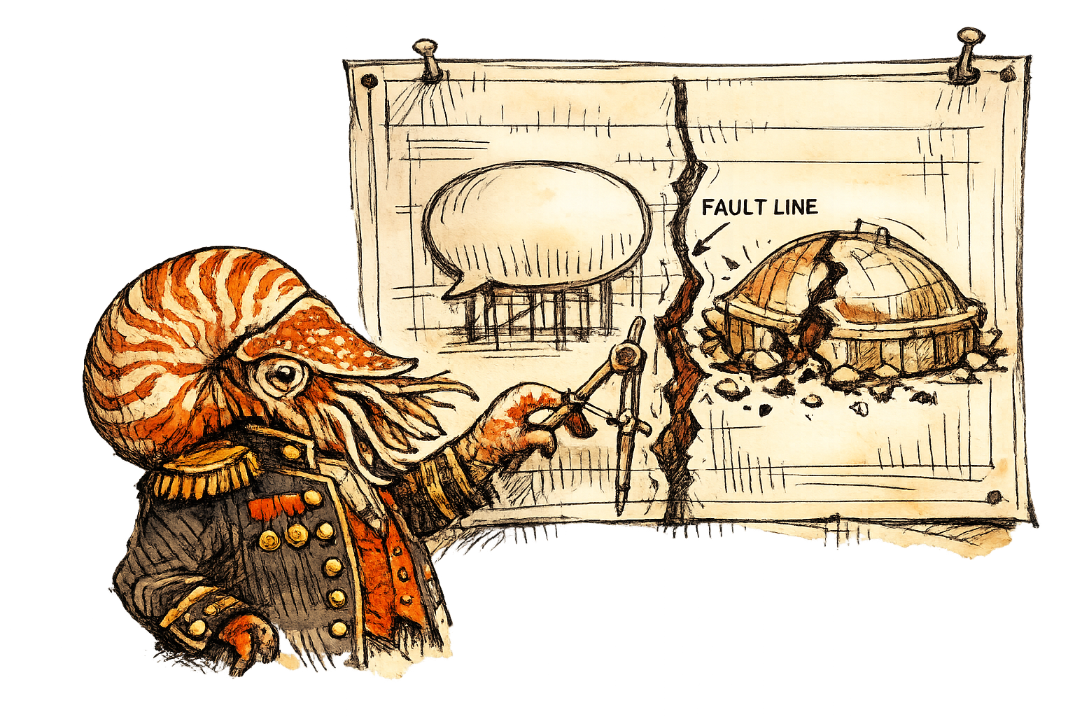 A nautilus in a military jacket examines a fracture splitting a diagram into a conversation layer and a transaction layer