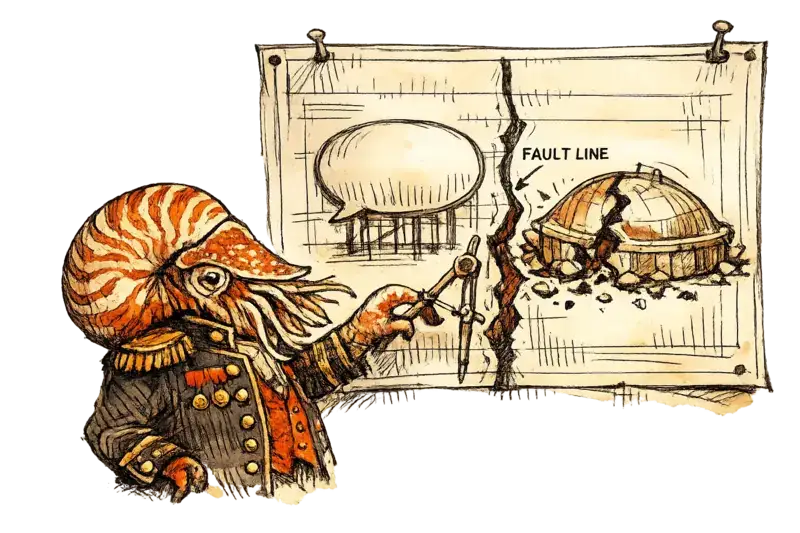 A nautilus in a military jacket examines a fracture splitting a diagram into a conversation layer and a transaction layer