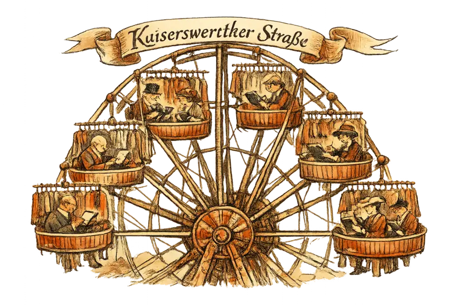 A fairground Ferris wheel whose gondolas are hanging garment rails, half of them rising and half descending, with buyers seated inside clutching order books