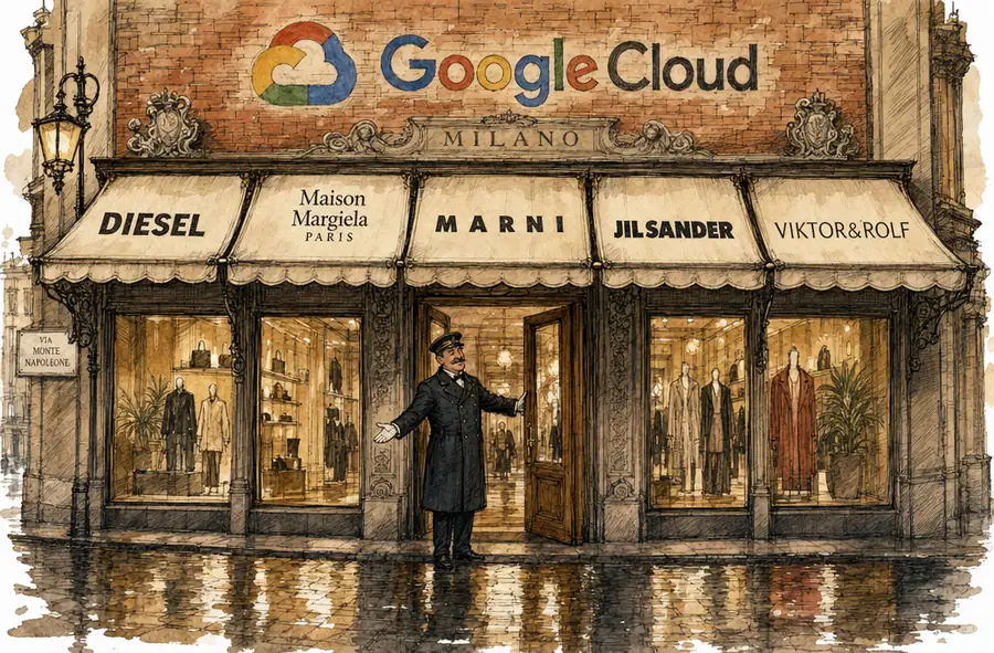 Five luxury house brand names lettered on a shared awning beneath a Google Cloud sign on a Milan boutique