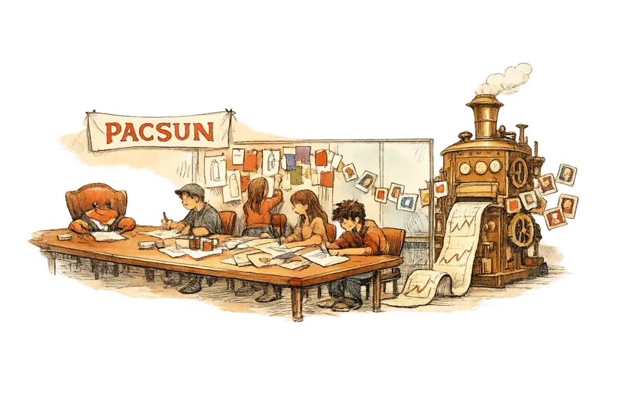 A waistcoated crab chairs a boardroom table where teenagers sketch clothes under a hand-lettered Pacsun banner, while beside them an unattended brass machine ingests social-media photographs and prints a long trend chart.