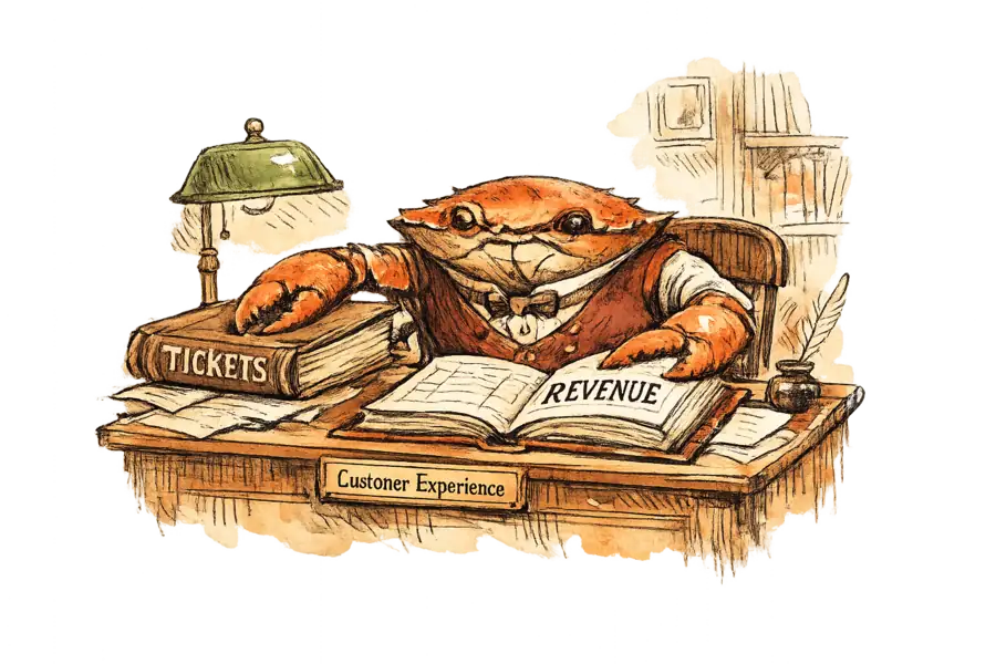 A Victorian crab at a bookkeeper's desk, closing a ledger labeled 'Tickets' and opening one labeled 'Revenue'