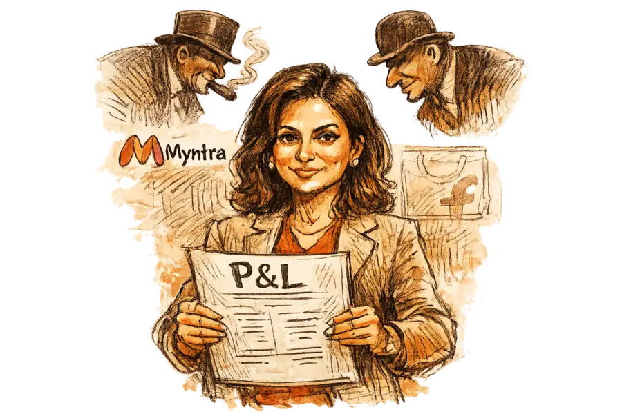 Caricature of Sharon Pais holding a single P&L sheet, with the Myntra wordmark above and two banker silhouettes peering down