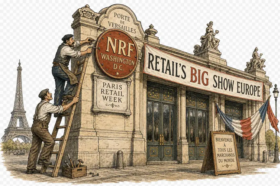 Des ouvriers sur une échelle fixent un grand sceau portant l'inscription 'NRF Washington D.C.' au-dessus d'une enseigne gravée 'Paris Retail Week', sous une banderole annonçant Retail's Big Show Europe.