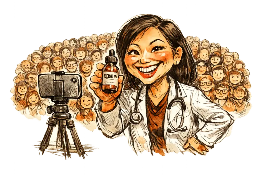 Caricature of dermatologist Dr. Joyce Park filming herself holding a Kerativ serum bottle, a dense crowd of follower icons massed behind her.