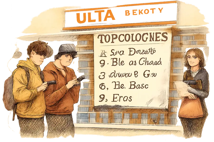 An Ulta Beauty men's cologne display with a large hand-lettered numbered leaderboard pinned above it, two teenage boys checking the list against their phones