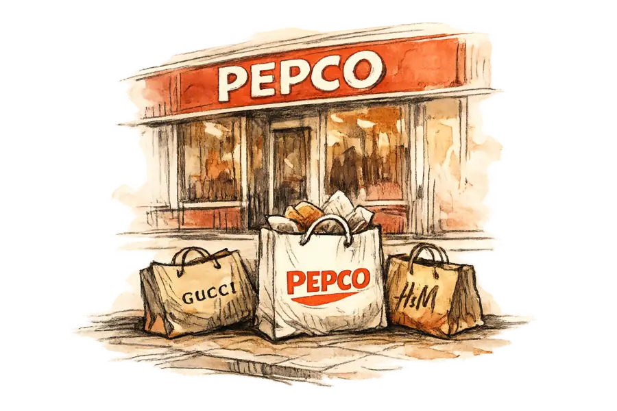 A Pepco storefront with three shopping bags on the pavement below: a full Pepco bag in the centre, two slimmer bags labelled with luxury and mid-market brand names slumped on either side.