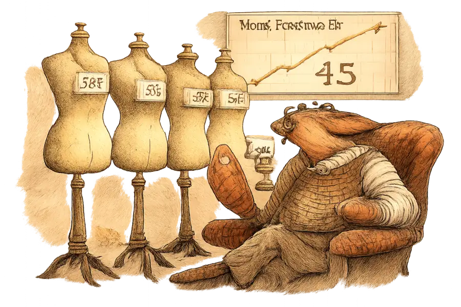 A crab in a waistcoat reviewing dressmaker mannequins tagged with founder ages.