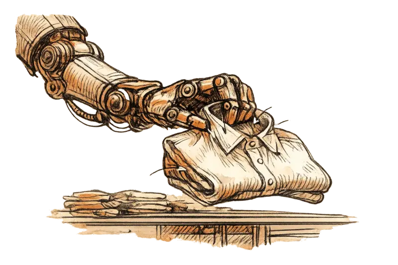 Robotic arm gripping a folded shirt at a warehouse workstation, with annotation lines tracing grip points and fabric deformation. Low-angle view from the side, arm occupying left two-thirds of frame. Clinical mood.
