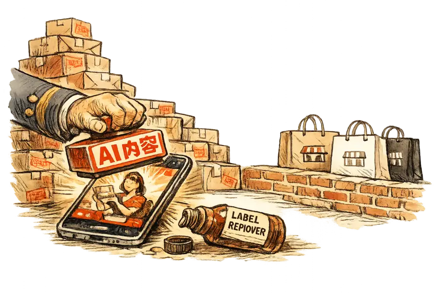 A regulator's hand stamps a red 'AI 内容' label onto a Pinduoduo product video playing on a phone, with stamped parcels stacked behind; across a low brick wall, three Western shopping bags sit clean and unstamped, and a confiscated bottle marked 'LABEL REMOVER' lies tipped over in the foreground.