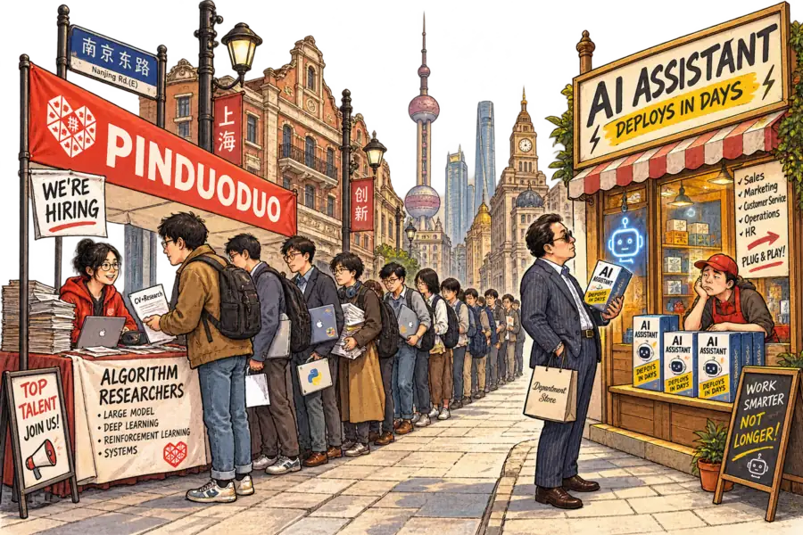 A long queue of algorithm researchers outside a Shanghai recruitment desk under a hand-lettered Pinduoduo banner, while across the street a small shop sells boxed AI assistants to one bored retail executive