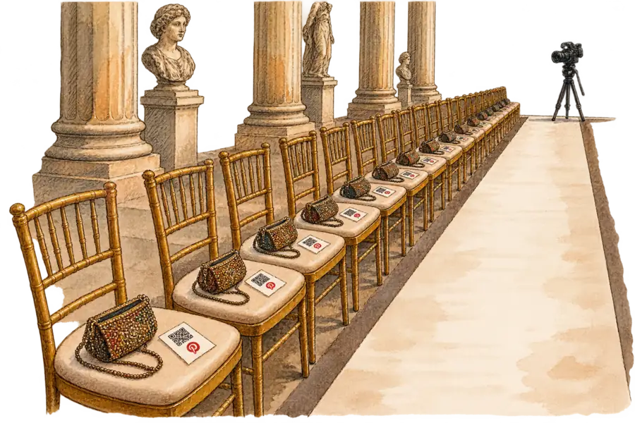A row of empty gilt chairs beside a runway in a colonnaded museum hall, a zipped beaded bag and a QR-code card on every seat, one camera on a tripod at the far end of the runway.