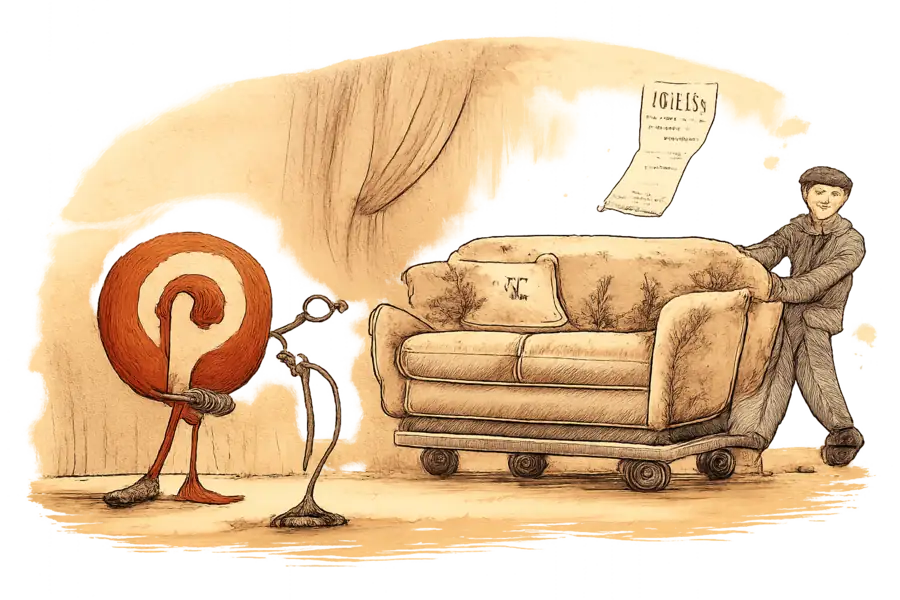 Pinterest's Assistant gestures toward a DFS sofa being wheeled offstage