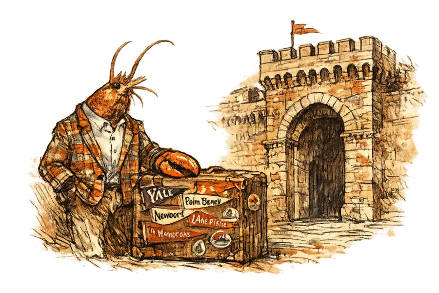 A lobster in a madras blazer and oxford shirt stands at the gate of a Florentine fortress, a claw resting on a steamer trunk covered in American resort and college pennants.