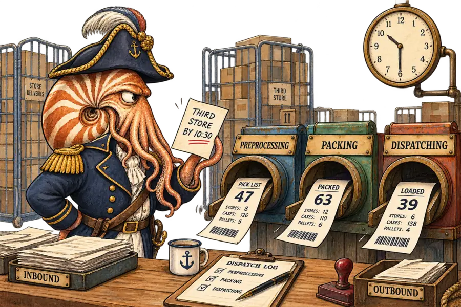 Admiral Neritus Vale the nautilus holds a handwritten note reading 'THIRD STORE BY 10:30' at a warehouse dispatch desk, while three hatches marked PREPROCESSING, PACKING and DISPATCHING each push out a different numbered ticket.