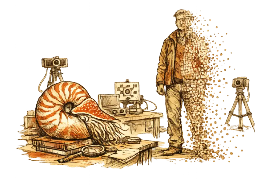 A nautilus shell beside a dissolving 3D point cloud of a clothed human figure with wireframe anatomy visible underneath