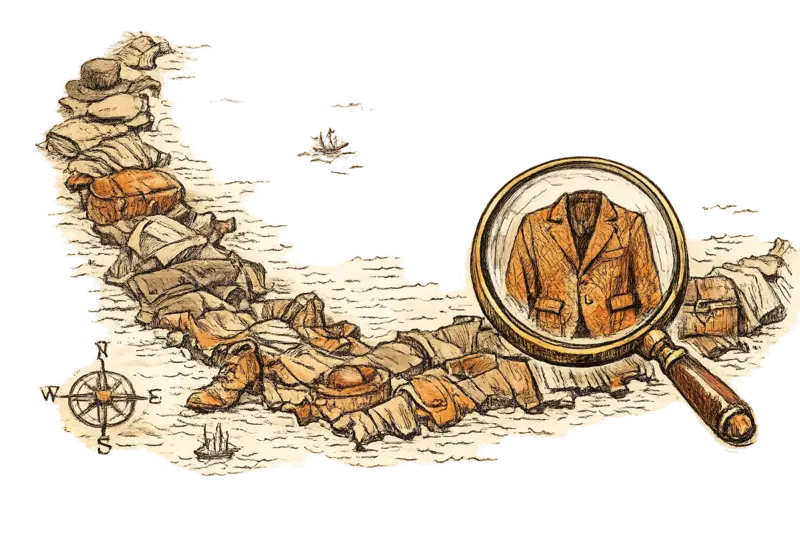 A resale discovery chart drawn as a nautical map — interlocking vintage clothing items forming the coastline, a magnifying glass hovering over one specifically highlighted garment. Chart fills the frame, magnifying glass at right third. Clinical mood.