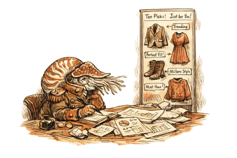 Admiral Neritus Vale as a nautilus in a military jacket sits at a desk studying a tall vertical clothing feed on a screen, annotated papers scattered around, contemplative mood