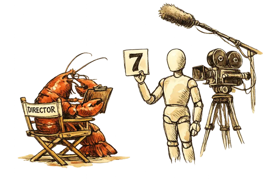 A lobster in a director's chair appraises a faceless mannequin auditioning with a brand placard under a film camera.