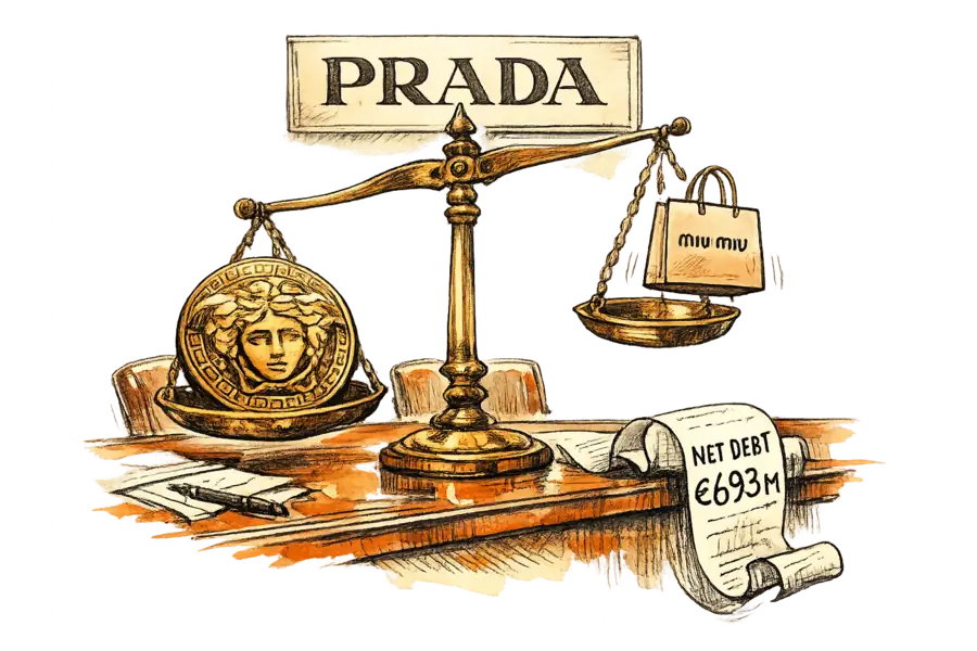 A balance scale weighing a heavy Versace Medusa medallion against a small Miu Miu shopping bag, under a hand-lettered Prada sign
