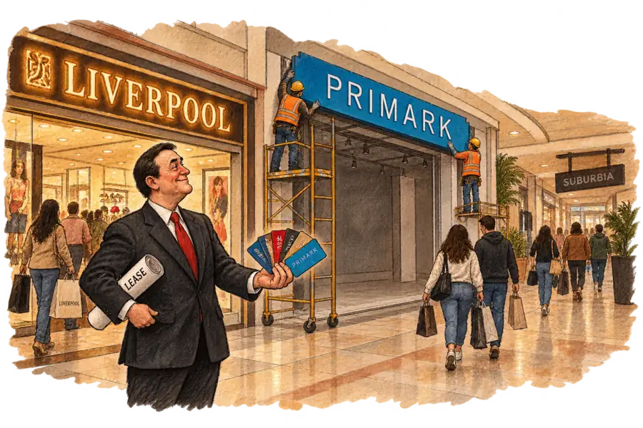 Workmen hoist a Primark fascia over an empty unit inside a Mexican shopping centre while a Liverpool manager stands below holding a rolled lease and a fan of store credit cards.