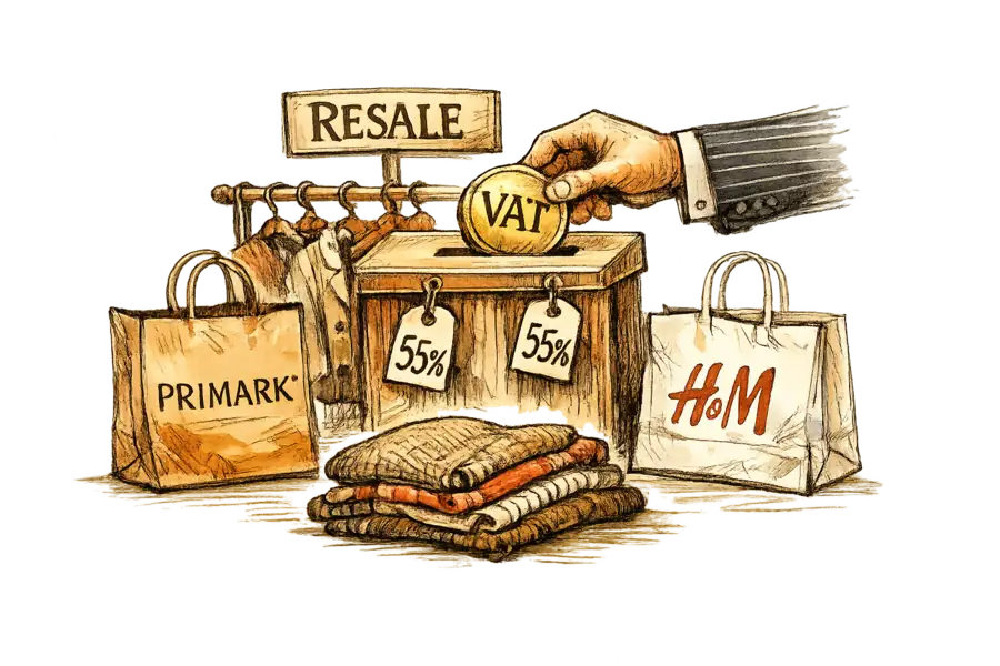 A Primark bag and an H&M bag flank a secondhand 'RESALE' clothing rail while a government official's hand drops a coin marked 'VAT' into it; the price tags read 55%.