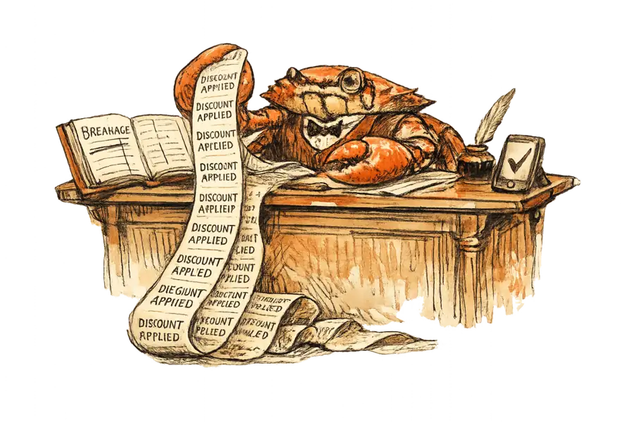 A waistcoated crab at an accountant's desk reads a long till receipt on which every line says 'discount applied', while a ledger column marked 'breakage' is struck through.