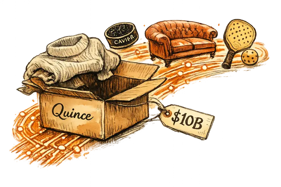 An unbranded shipping box hand-lettered 'Quince' spilling a cashmere sweater, a tin of caviar, a velvet sofa, and a pickleball paddle along glowing conveyor lines, tagged $10B.