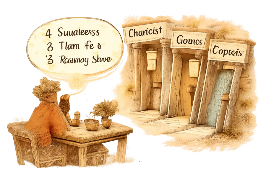 A shopper dictates a garment shortlist into a chat bubble while shopfronts hand-lettered ChatGPT, Gemini and Copilot crowd in to catch it, a paper price tag reading 4% hanging from one door