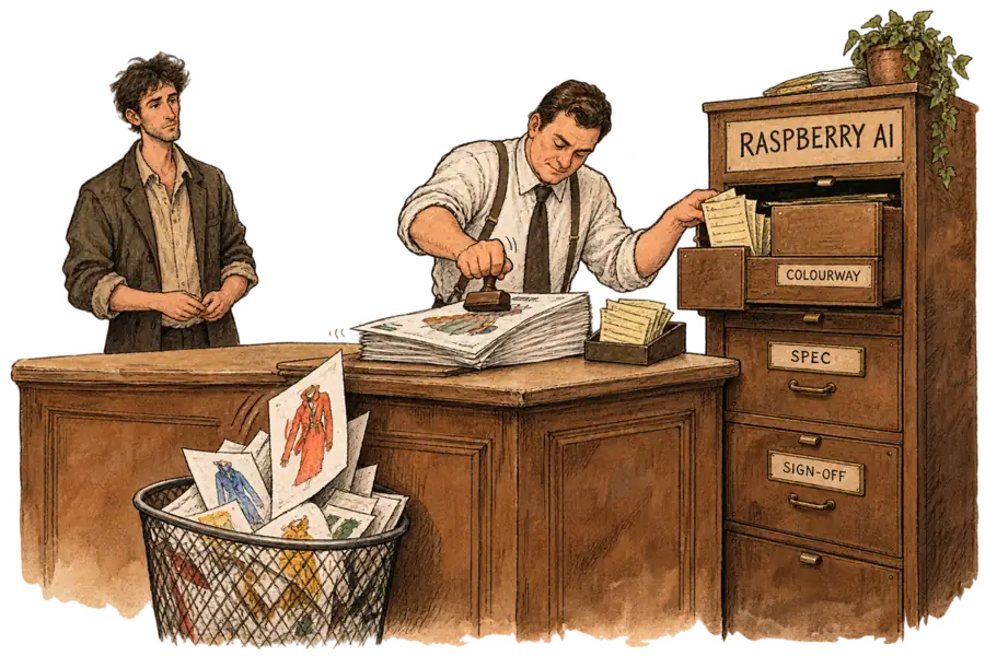 A clerk stamps APPROVED on a stack of generated garment renderings at a studio counter while the carbon slips are filed into a tall cabinet lettered RASPBERRY AI.