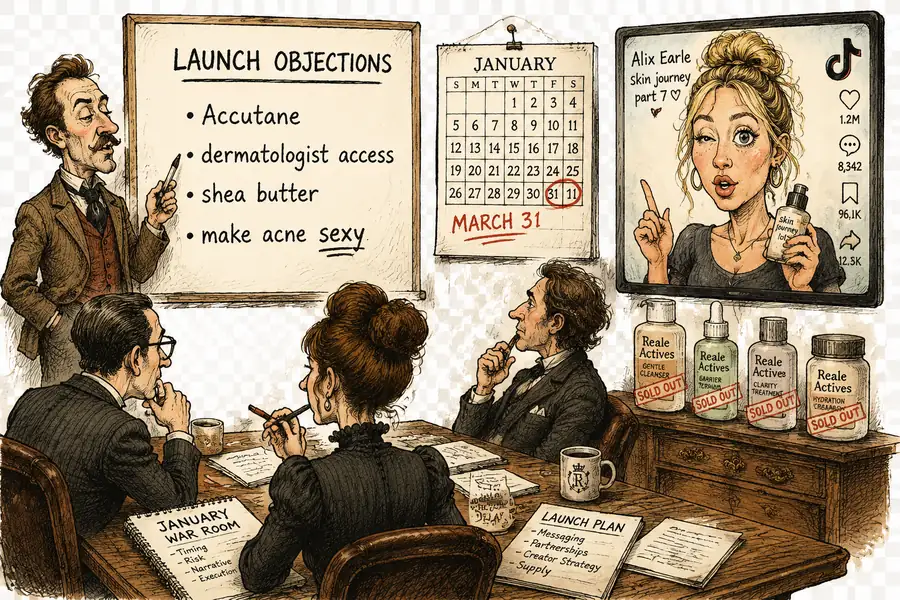 A January boardroom whiteboard headed 'Launch Objections' listing Accutane, dermatologist access, shea butter, and 'make acne sexy', beside a calendar with March 31 circled and four sold-out Reale Actives bottles.