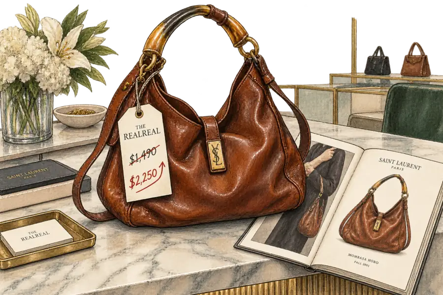 A slouchy 2000s horn-handled leather shoulder bag on a counter with a hand-lettered RealReal swing tag, its price crossed out and rewritten higher, beside an open Saint Laurent lookbook showing the same bag new.