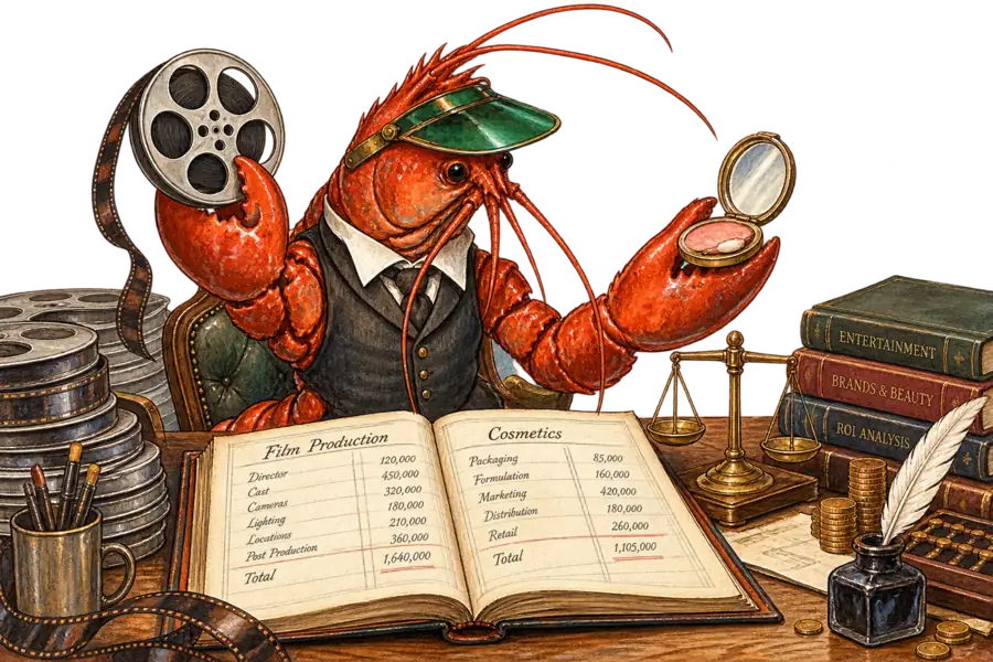 A lobster in a bookkeeper's eyeshade weighs a film reel against a cosmetics compact over an open ledger.