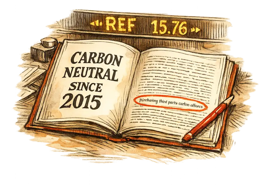 An open IPO prospectus on a trading desk. The left page carries a large hand-lettered line reading 'CARBON NEUTRAL SINCE 2015'; the right page is dense fine print with one line circled in red reading 'purchasing third party carbon offsets.' A ticker behind shows REF at 15.76.