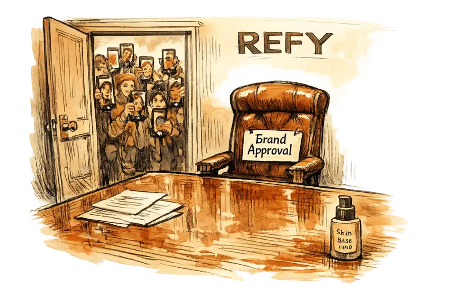 An empty chair labelled 'Brand Approval' at a Refy boardroom table while twelve creators film through an ajar door