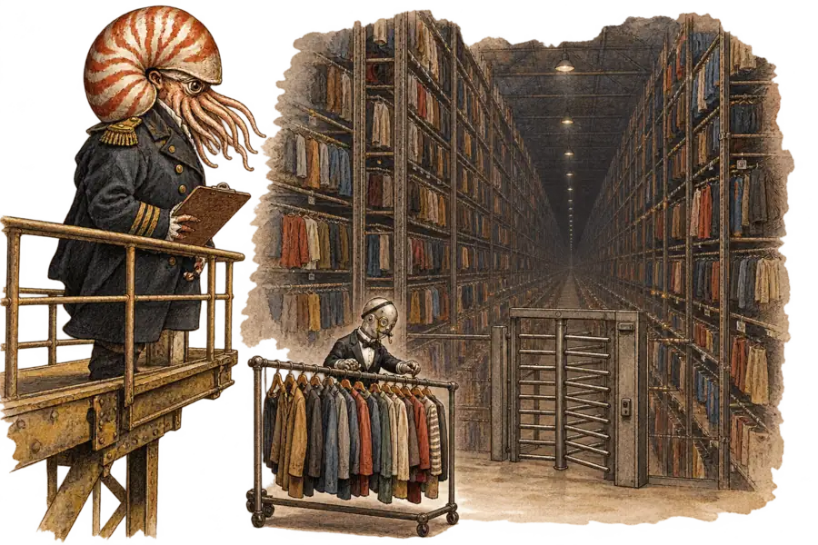 A robot butler fussily rearranges a dozen garments on a small rail while a nautilus in a naval coat watches from a gantry above a vast warehouse of racks the robot cannot reach.