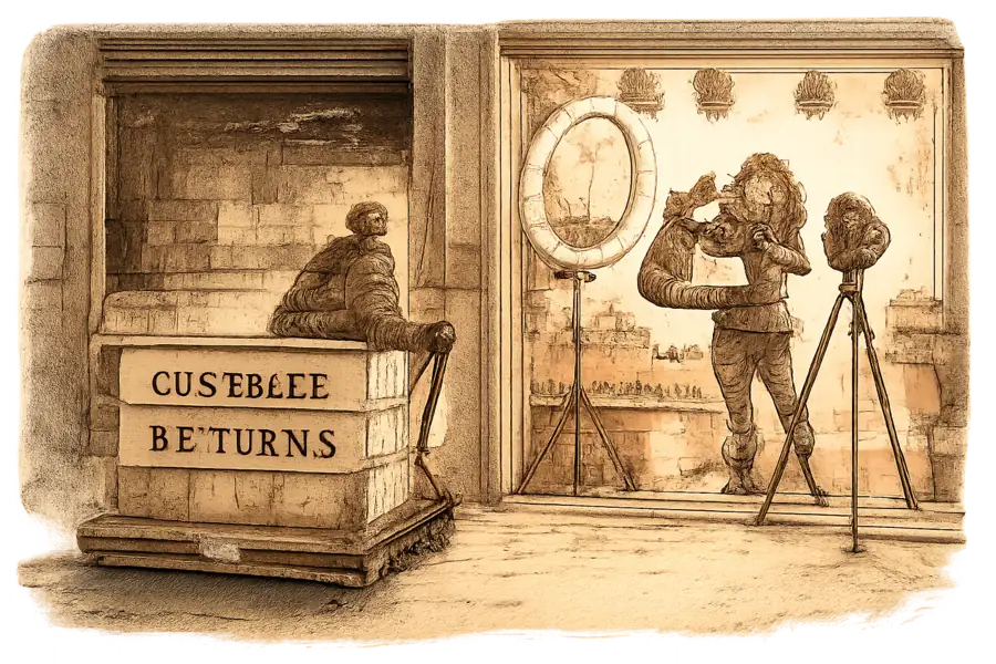 A pallet stencilled CUSTOMER RETURNS wheeled into a ring-lit livestream studio where a seller holds a handbag up to a phone camera.
